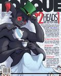  biceps black_hair bulge english_text hair hat lagomorph looking_at_viewer mad_hatter magazine_cover male mammal multi_limb multiple_arms muscles nude pecs pulsar rabbit solo tea text 