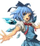  blue_eyes blue_hair bow cirno hair_bow neck_ribbon open_mouth outstretched_arms outstretched_hand ribbon short_hair simple_background skirt skirt_set smile solo touhou wadani_hitonori white_background wings 
