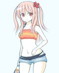  atarashi_ako brown_hair denim denim_shorts flower hair_flower hair_ornament looking_at_viewer mokuyou red_eyes saki saki_achiga-hen shorts soda swimsuit swimsuit_under_clothes tank_top unbuttoned 