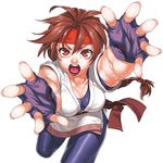  attack braid breasts brown_eyes brown_hair cleavage dougi fingerless_gloves gloves headband large_breasts long_hair looking_at_viewer open_mouth single_braid solo spandex special_moves takoyaki_neko-san the_king_of_fighters the_king_of_fighters_xi yuri_sakazaki 
