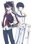  bakuzan black_hair blue_eyes epaulettes genderswap genderswap_(ftm) jacket junketsu kill_la_kill kiryuuin_satsuki letterman_jacket male_focus matoi_ryuuko multicolored_hair multiple_boys necktie peperonchiino_takuma school_uniform sheath sheathed smile sword weapon 