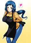  apron badge blue_hair blush breasts green_eyes gundam gundam_build_fighters hagane_soushi heart highres iori_rinko large_breasts long_hair looking_at_viewer mature ponytail ribbed_sweater simple_background smile solo sweater turtleneck very_long_hair 