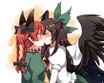  animal_ears bad_id bad_pixiv_id bird_wings blush bow braid brown_hair cape cat_ears closed_eyes colorized dress extra_ears green_dress hair_bow highres isaki_(gomi) juliet_sleeves kaenbyou_rin kiss long_sleeves multiple_girls pink_eyes pointy_ears puffy_sleeves red_hair reiuji_utsuho serio_(columns) shirt short_sleeves skirt surprise_kiss surprised third_eye touhou twin_braids wings yuri 