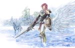  1girl armor breastplate final_fantasy final_fantasy_xiii final_fantasy_xiii-2 horse lightning_farron nick-ian odin_(ffxiii) odin_(final_fantasy) pink_hair pteruges shield sword water weapon 