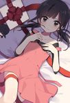  asahina_hiyori bad_id bad_pixiv_id bed black_eyes black_hair blush dress gift kagerou_project long_hair lying manio ribbon solo stuffed_toy twintails 