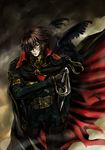  alien belt bird boots brown_eyes brown_hair cape cutlass_(sword) energy_gun eyepatch feathers gloves harlock holster jolly_roger male_focus oldschool pet ray_gun realistic scar science_fiction smoke solo space_pirate sword uchuu_kaizoku_captain_harlock weapon 