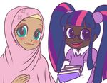  blue_eyes blush book dark_skin fluttershy glasses hijab humanization junk_(junko-tan) lips looking_at_viewer multicolored_hair multiple_girls my_little_pony my_little_pony_friendship_is_magic open_mouth personification pink_hair purple_eyes purple_hair simple_background smile twilight_sparkle twintails white_background 