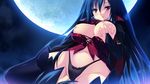  1girl absurdres areolae blue_hair blush breast_grab breasts breasts_outside cameltoe cape game_cg grabbing highres large_breasts legs long_hair looking_down lying moon night nipples no_bra panties red_eyes sitting sitting_on_person sky thighs underwear 