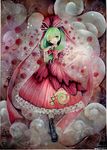  acrylic_paint_(medium) arm_ribbon boots bow colored_pencil_(medium) cross-laced_footwear front_ponytail green_eyes green_hair hair_bow highres kagiyama_hina mosho one_eye_closed open_mouth ribbon shirt short_sleeves skirt smile solo touhou traditional_media watercolor_(medium) 