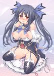  bare_shoulders black_hair blush breasts breasts_outside garter_straps large_breasts masturbation neptune_(series) nipples noire open_mouth panties panties_around_one_leg red_eyes saliva sekiri skirt skirt_removed solo tears thighhighs twintails underwear vibrator 