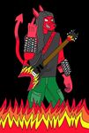  black_shirt canine clothing demon flames fur grin guitar hair heavy_metal invalid_color long_hair male mammal middle_finger pants plain_background red_fur spikes yiff_in_hell 
