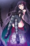  akemi_homura akuma_homura argyle argyle_legwear bare_shoulders black_gloves black_hair crossed_legs dark_persona elbow_gloves gloves highres kyubey long_hair looking_at_viewer magical_girl mahou_shoujo_madoka_magica mahou_shoujo_madoka_magica_movie purple_eyes satou_kuuki sitting smile spoilers thighhighs 