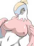 avian bird blush breasts feathers female grey_eyes happy hawlucha looking_at_viewer navel nintendo nipples nude plain_background pok&#233;mon pok&eacute;mon shadow shiny smile solo sya unknown_artist video_games white_background wings 