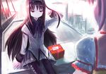  akemi_homura bad_id bad_pixiv_id black_hair box gift gift_box hair_flip hairband helrouis highres kaname_madoka long_hair magical_girl mahou_shoujo_madoka_magica multiple_girls pantyhose pink_hair purple_eyes ribbon short_hair skirt smile 