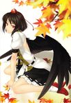  absurdres autumn autumn_leaves back belt black_hair black_wings feathers frilled_skirt frills full_body geta hat highres japanese_clothes leaf looking_at_viewer puffy_sleeves red_eyes rokuwata_tomoe scan shameimaru_aya shirt shoes short_hair short_sleeves simple_background sitting skirt smile socks solo tengu-geta tokin_hat touhou white_background white_legwear wings 