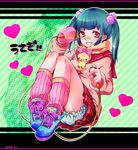  bandaid bandaid_on_nose bloomers blue_hair emu_(trigger) grin halftone heart highres jump_rope original pleated_skirt red_eyes shoes skirt smile sneakers solo twintails underwear 
