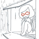  box cardboard_box frown glasses junk_(junko-tan) lowres monochrome newspaper nikki_(swapnote) rain red-framed_eyewear short_hair sitting solo spot_color swapnote tears trash_can trembling 