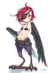  bad_id bad_pixiv_id belt bikini_top black_wings eyepatch feathered_wings feathers full_body harpy loose_belt monster_girl multiple_belts navel nukomasu original red_eyes red_hair short_hair simple_background solo talons white_background wings 