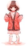  animal_ears blush brown_eyes brown_hair bunny_ears carrot carrot_necklace dress furorida highres inaba_tewi japanese_clothes jewelry kimono long_sleeves necklace open_mouth pendant pigeon-toed pink_dress red_kimono sleeves_past_wrists socks solo touhou wide_sleeves yukata 