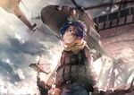  aircraft bad_id bad_pixiv_id blood blood_on_face blue_eyes blue_hair dark fire gloves headset helicopter load_bearing_vest long_hair military military_uniform multiple_girls original rff_(3_percent) scarf short_hair short_ponytail smoke soldier tower uh-60_blackhawk uniform war waving 