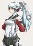  android ao_usagi blue_hair breasts grey_background headgear houndstooth labrys long_hair medium_breasts miniskirt no_nipples persona persona_4:_the_ultimate_in_mayonaka_arena pleated_skirt ponytail red_eyes ringed_eyes robot_joints school_uniform serafuku shirt_lift simple_background skirt solo 