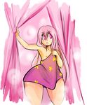  1boy androgynous angry child curtains highres king_stellos_(yellow_kirby) long_hair male male_focus naked_towel nipple nipples original parted_lips pink_eyes pink_hair simple_background thick_thighs thighs towel trap wet wide_hips yellow_kirby 