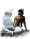  arm_support armor black_hair bottomless breastplate canine claws clothed clothing crossed_legs digitigrade female hair hattonslayden hindpaw mammal paws plain_background pussy sitting skimpy solo spread_legs spreading toes wolf 