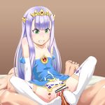  bare_shoulders blush censored clenched_teeth cum dress elbow_gloves feet footjob gloves green_eyes highres jewelry long_hair necklace outbreak_company penis petite petralka_anne_eldant_iii purple_hair sitting solo_focus takeda_yukimura teeth thighhighs tiara white_gloves 