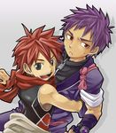  2boys blush child ebitendon fingerless_gloves fukuoka_kousuke gloves kagoshima_kouji kyushu_sentai_danjija male male_focus multiple_boys purple_hair purple_shirt red_eyes red_hair red_scarf scarf shirt simple_background standing sweat torakichi_(ebitendon) yaoi 