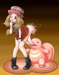  bent_over bestiality blue_eyes blush boots brown_hair collared_shirt covering covering_crotch creature cunnilingus fataris gen_1_pokemon hat knees_together_feet_apart licking lickitung long_hair one_eye_closed open_mouth oral panties panty_pull pokemon pokemon_(creature) pokemon_(game) pokemon_xy serena_(pokemon) shirt skirt standing sunglasses tears underwear white_panties 