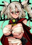  black_gloves breast_hold breasts budget_sarashi cape crossed_arms glasses gloves grey_hair headgear huge_breasts kantai_collection musashi_(kantai_collection) perepere-kun pointy_hair red_eyes sarashi short_hair short_twintails solo twintails 