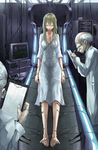  2boys bad_id bad_pixiv_id bald balding barefoot blonde_hair cable cyberpunk electrodes grey_hair highres labcoat long_hair monitor multiple_boys old_man original solru 