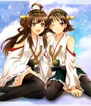  ahoge black_eyes boots braid brown_eyes brown_hair detached_sleeves hairband hiei_(kantai_collection) highres japanese_clothes kantai_collection karuta410 kongou_(kantai_collection) multiple_girls nontraditional_miko one_eye_closed open_mouth pantyhose sitting smile thigh_boots thighhighs 