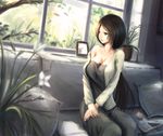  bad_id bad_pixiv_id breasts brown_eyes brown_hair cardigan couch dress flower kikivi knitting_needle large_breasts long_dress long_hair mature needle off_shoulder original solo window yarn yarn_ball 