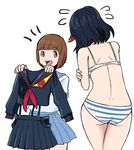  ass black_hair blue_sailor_collar blue_skirt bob_cut bra brown_eyes brown_hair clothes_removed embarrassed holding_clothes kill_la_kill mankanshoku_mako matoi_ryuuko multicolored_hair multiple_girls open_mouth panties raybar sailor_collar school_uniform senketsu serafuku short_hair skirt smile striped striped_panties suspenders two-tone_hair underwear underwear_only 