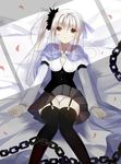  :o absurdres bad_id bad_pixiv_id black_legwear cape chain frey_(machine-doll) from_above garter_straps grey_hair highres juliet_sleeves layered_sleeves long_hair long_sleeves looking_at_viewer lying machine-doll_wa_kizutsukanai on_back panties pantyshot pantyshot_(lying) parted_lips petals puffy_sleeves red_eyes rose_petals senya_fuurin shade side_ponytail skirt skirt_lift solo sunlight thighhighs underbust underwear white_panties 