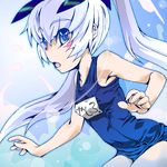  1girl blue_eyes blush child eenen female long_hair muvluv muvluv_alternative open_mouth swimsuit twintails white_hair yashiro_kasumi 