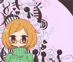  :3 brown_eyes brown_hair cat chouya_(kunios) commentary_request envelope glasses green_shirt heart looking_at_viewer nikki_(swapnote) pencil red-framed_eyewear ribbed_sweater scarf shirt short_hair smile swapnote sweater turtleneck 