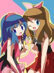  bag beanie blonde_hair blue_eyes blue_hair blush bracelet hair_ornament hair_ribbon handbag happy hat heart hikari_(pokemon) jewelry legs long_hair miniskirt multiple_girls nintendo open_mouth panties pokemon pokemon_(game) pokemon_xy purse ribbon scarf serena_(pokemon) skirt small_breasts smile thighhighs tongue wink 