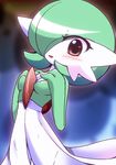  breasts gardevoir gen_3_pokemon green_hair hair_over_one_eye hands_on_own_chest heart looking_at_viewer lowres medium_breasts no_humans open_mouth pokemon pokemon_(creature) red_eyes shiratsuki short_hair smile 