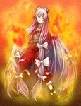  big_hair boots fire flame fujiwara_no_mokou full_body hair_ribbon highres lavender_hair long_hair moi18moi pants red_background red_eyes ribbon shoes silver_hair solo touhou tress_ribbon very_long_hair 