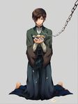  bad_id bad_pixiv_id banned_artist barefoot brown_hair chain chamomile collar flower full_body hair_over_one_eye hakama holding japanese_clothes kimono kneeling leash looking_at_viewer male_focus original shosei solo yoshii 