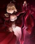  aestus_estus ahoge bad_id bad_pixiv_id blonde_hair breasts dress epaulettes fate/extra fate_(series) green_eyes hair_ribbon kerogi_haku large_breasts nero_claudius_(fate) nero_claudius_(fate)_(all) red_dress ribbon solo sword weapon 