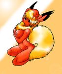  anthrofied black_eyes blonde_hair breasts brown_eyes chest_tuft eeveelution female flaereon fur fury89 hair hi_res kneeling long_hair looking_at_viewer nintendo nipples nude open_mouth orange_body plain_background pok&#233;mon pok&#233;morph pok&eacute;mon pok&eacute;morph pussy solo tuft video_games 