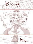  amazon_(taitaitaira) apron bow braid broom comic cuffs curiosities_of_lotus_asia hair_bow hat kirisame_marisa landing monochrome puffy_short_sleeves puffy_sleeves rooftop short_hair short_sleeves side_braid single_braid solo sweatdrop touhou translated witch witch_hat wrist_cuffs 