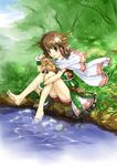  animal animal_ears antlers barefoot brown_hair cape crazypen deer grass green_eyes highres legs original pond short_hair sitting skirt smile soaking_feet solo water 