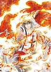  big_hair fire floating_hair fujiwara_no_mokou grin hair_ribbon long_hair outstretched_hand red_background red_eyes ribbon rindou_matsuri silver_hair smile solo touhou tress_ribbon very_long_hair 