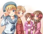  2girls ascot axis_powers_hetalia blonde_hair blue_eyes blush bow braid brown_eyes brown_hair epaulettes eyebrows glasses hair_ornament hair_over_shoulder hairclip latvia_(hetalia) long_hair midriff monaco_(hetalia) multiple_boys multiple_girls navel one_eye_closed paintbrush principality_of_wy_(hetalia) purple_eyes ribbon sailor sealand_(hetalia) sensaki_chihiro short_hair side_ponytail single_braid smile sweat v 