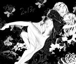  bad_id bad_pixiv_id banned_artist breast_press breasts copyright_request fangs flower french_kiss full_body girl_on_top greyscale japanese_clothes kimono kiss long_hair looking_at_viewer lying medium_breasts monochrome multiple_girls nipples rose slit_pupils spider_lily symmetrical_docking tabi tongue yoshii yuri 