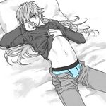  arched_back bed blue_briefs briefs denim dramatical_murder drawr edging_briefs hand_on_own_face irini jeans long_hair looking_at_viewer lying male_focus midriff monochrome navel on_back pants pillow seragaki_aoba shirt shirt_lift spot_color t-shirt toned toned_male underwear unzipped 